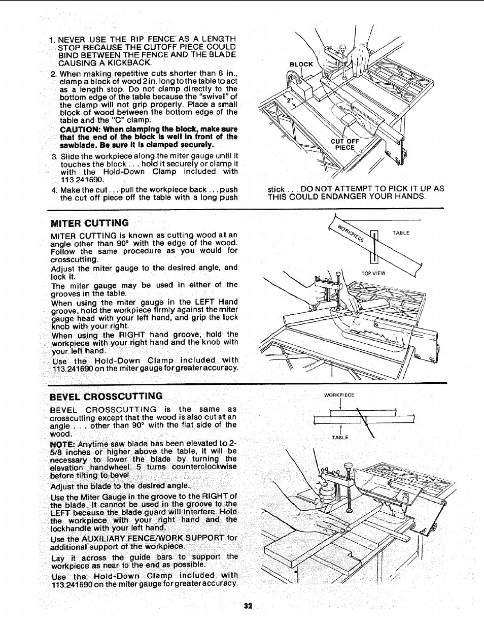 Miter cutting | Sears 113.241591 User Manual | Page 32 / 52