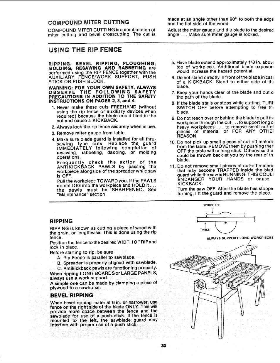 Using the rip fence, Compound miter cutting | Sears 113.241591 User Manual | Page 33 / 52