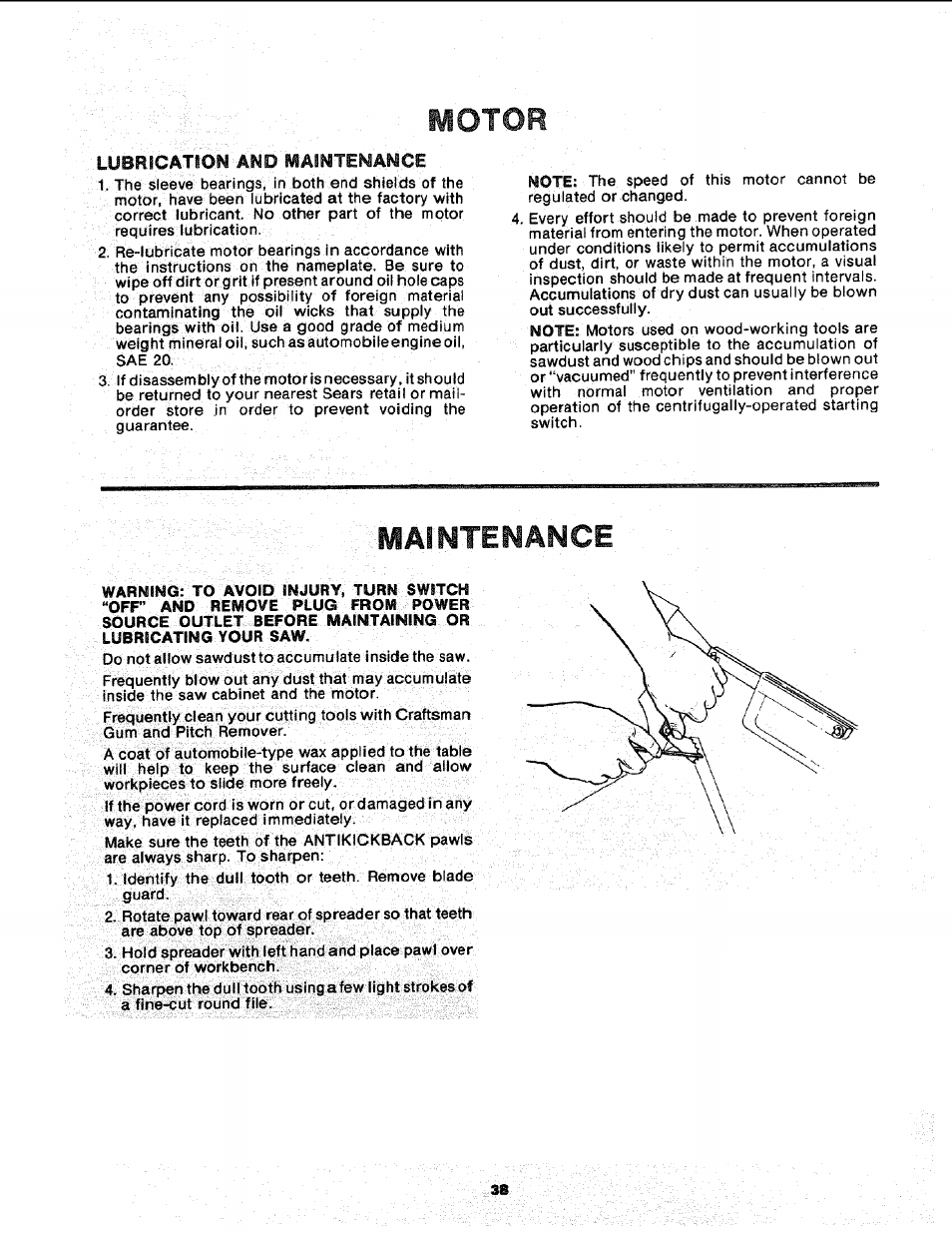 Motor, Maintenance, Motor maintenance | Sears 113.241591 User Manual | Page 38 / 52