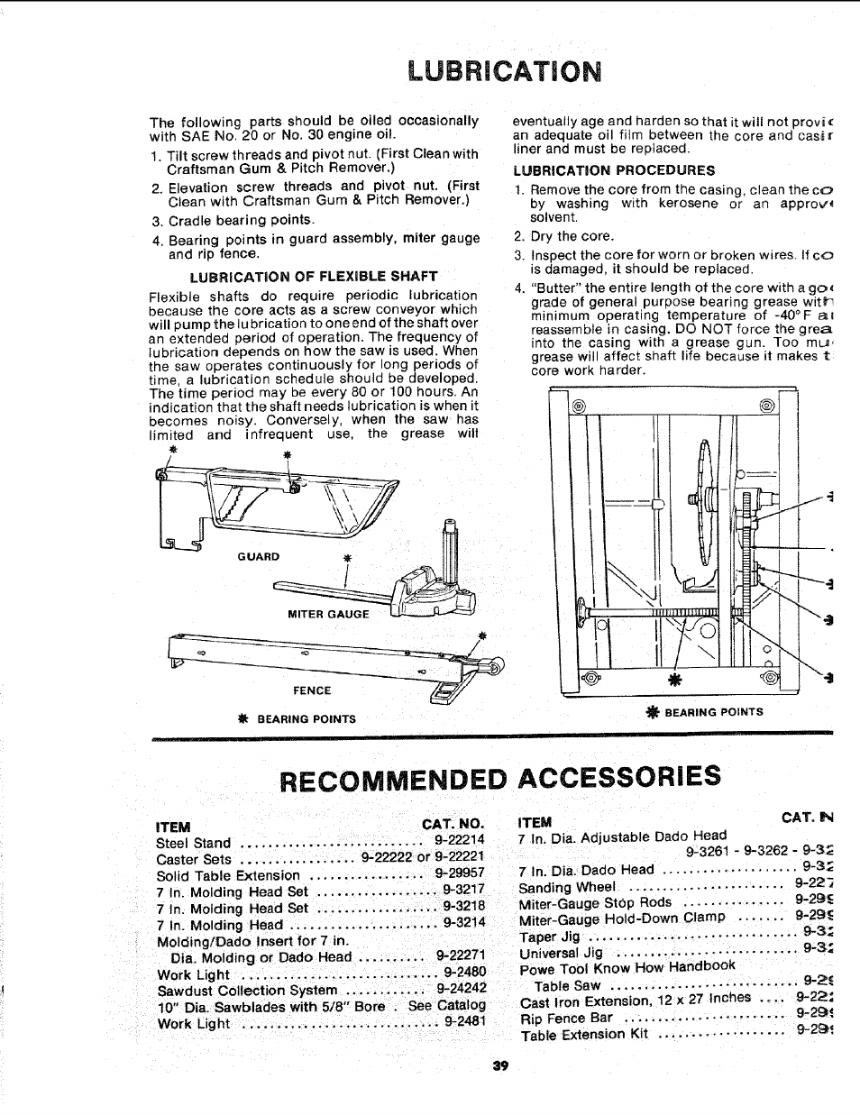 Lubrication, Recommended accessories | Sears 113.241591 User Manual | Page 39 / 52