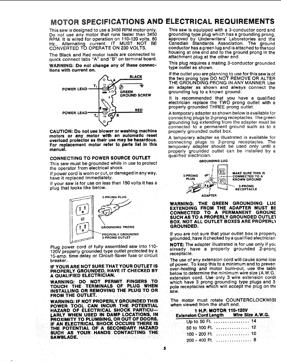 Motor specifications and electrical requirements | Sears 113.241591 User Manual | Page 5 / 52
