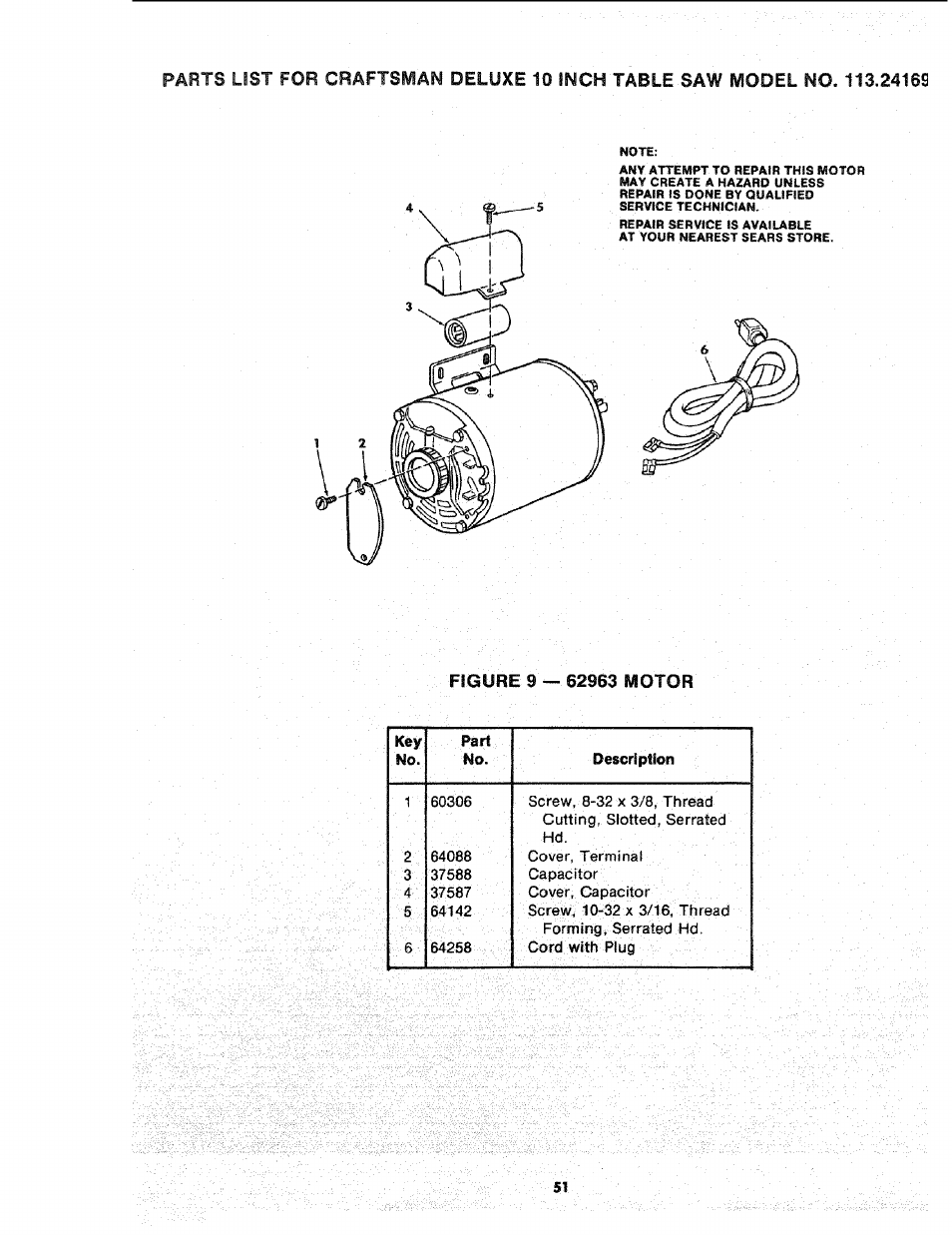 Figure 9 — 62963 motor | Sears 113.241591 User Manual | Page 51 / 52