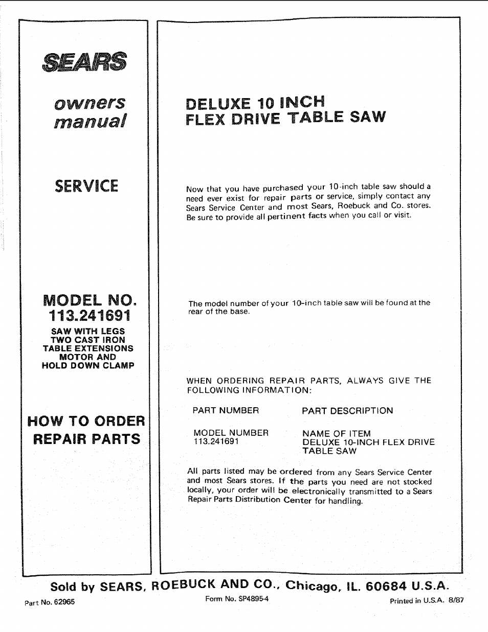 Model no. 113.241691, Deluxe 10 inch, Owners manual | Service model no, How to order repair parts | Sears 113.241591 User Manual | Page 52 / 52