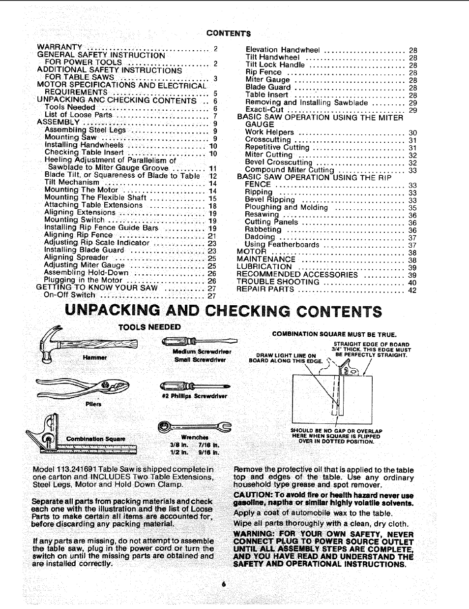 Unpacking and checking contents | Sears 113.241591 User Manual | Page 6 / 52