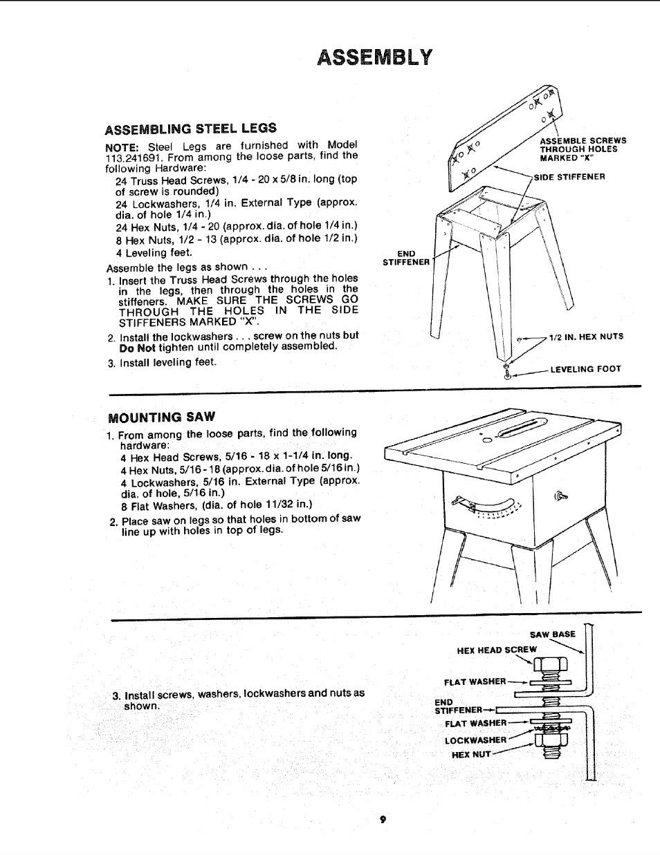 Assembling steel legs, Mounting saw, Mounting switch | Assembly | Sears 113.241591 User Manual | Page 9 / 52