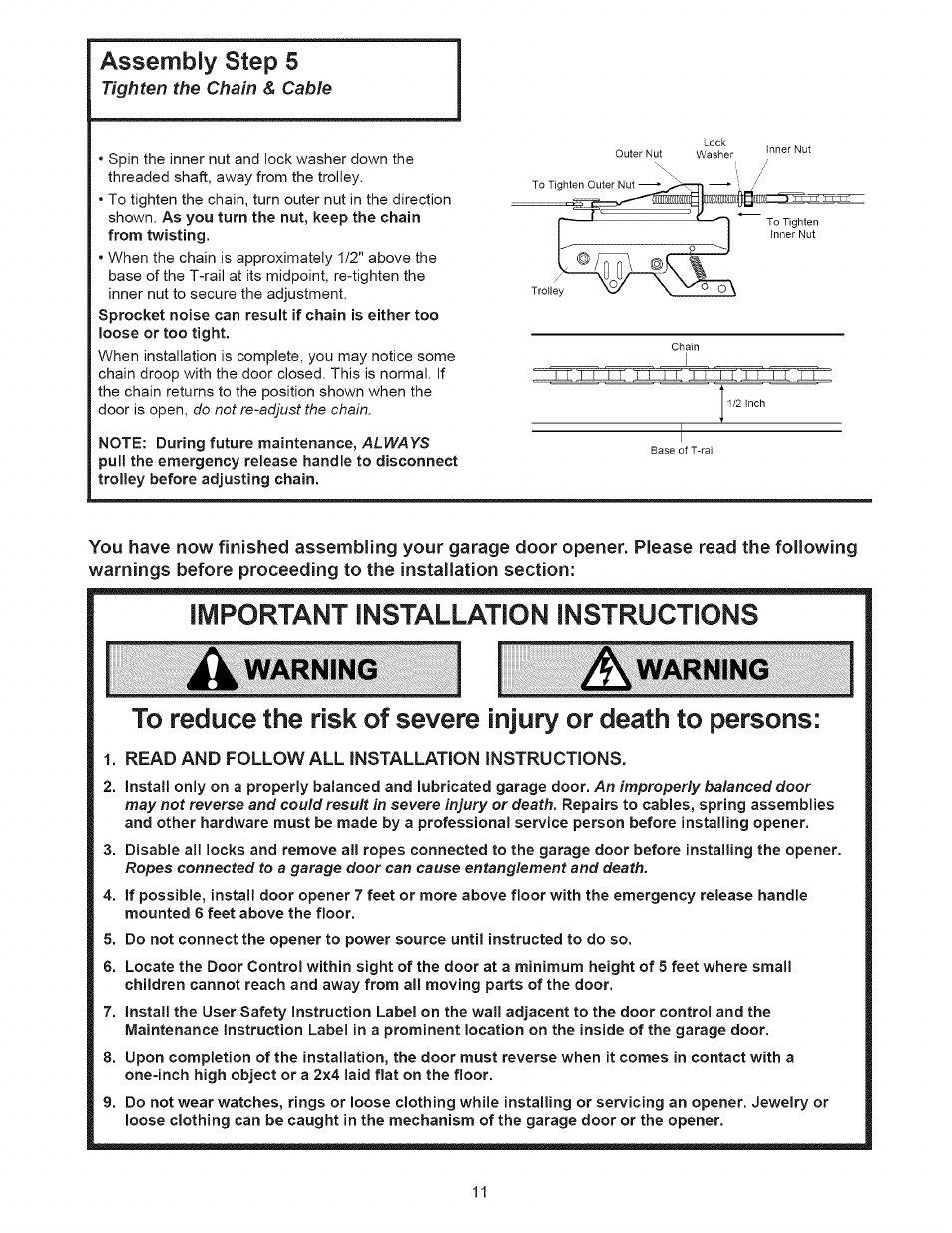 Assembly step 5, A warning, Read and follow all installation instructions | Warninw//s | Sears 139.53535SRT1 User Manual | Page 11 / 40