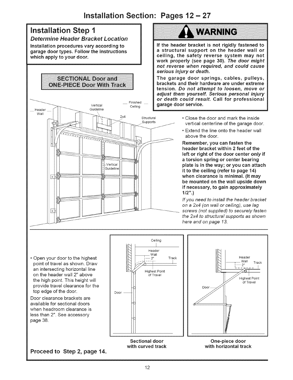 Installation step 1, Determine header, Location | Proceed to step 2, page 14 | Sears 139.53535SRT1 User Manual | Page 12 / 40
