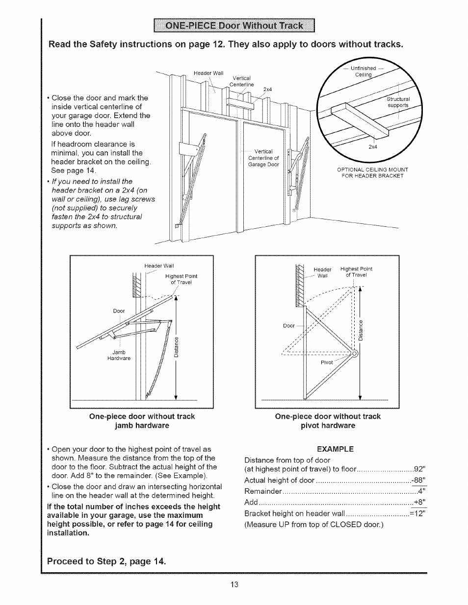 One-piece door without track jamb hardware, One-piece door without track pivot hardware, Proceed to step | Page 14 | Sears 139.53535SRT1 User Manual | Page 13 / 40