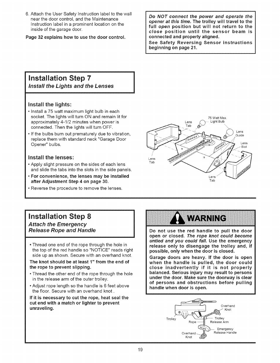 Install the lights, Install the lenses, Warning | Installation step 7, Installation step 8 | Sears 139.53535SRT1 User Manual | Page 19 / 40