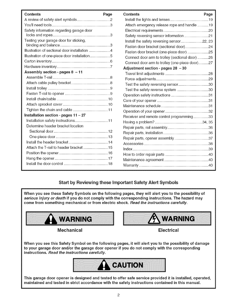 A caution, Warning, Caution | Sears 139.53535SRT1 User Manual | Page 2 / 40