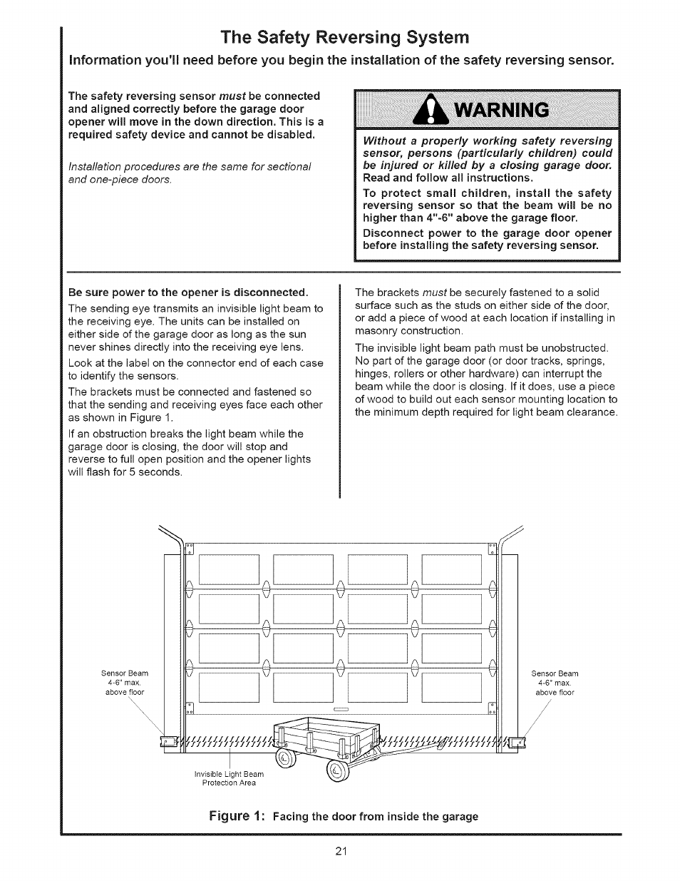 Be sure power to the opener is disconnected, The safety reversing system, Figure 1 | Sears 139.53535SRT1 User Manual | Page 21 / 40