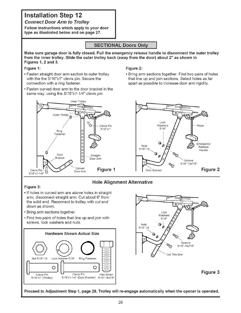 Sectig.ral^ doors :oriiy, Hole alignment alternative, Installation step 12 | Connect door arm to | Sears 139.53535SRT1 User Manual | Page 26 / 40
