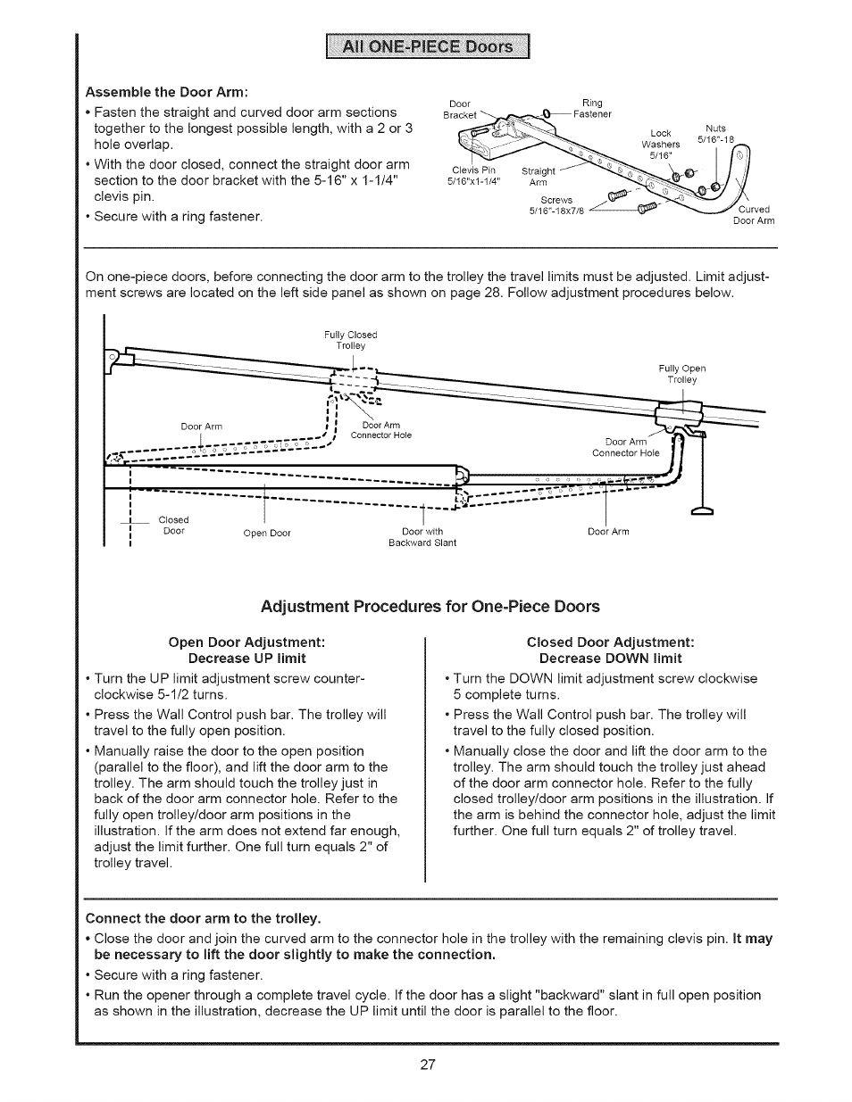 Ailone-p|:eg:e;.dp6, Assemble the door arm, Adjustment procedures for one-piece doors | Open door adjustment, Closed door adjustment, Connect the door arm to the trolley | Sears 139.53535SRT1 User Manual | Page 27 / 40