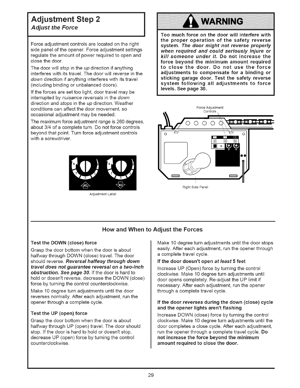 How and when to adjust the forces, Test the down (close) force, Test the up (open) force | Warning, Adjustment step 2 | Sears 139.53535SRT1 User Manual | Page 29 / 40