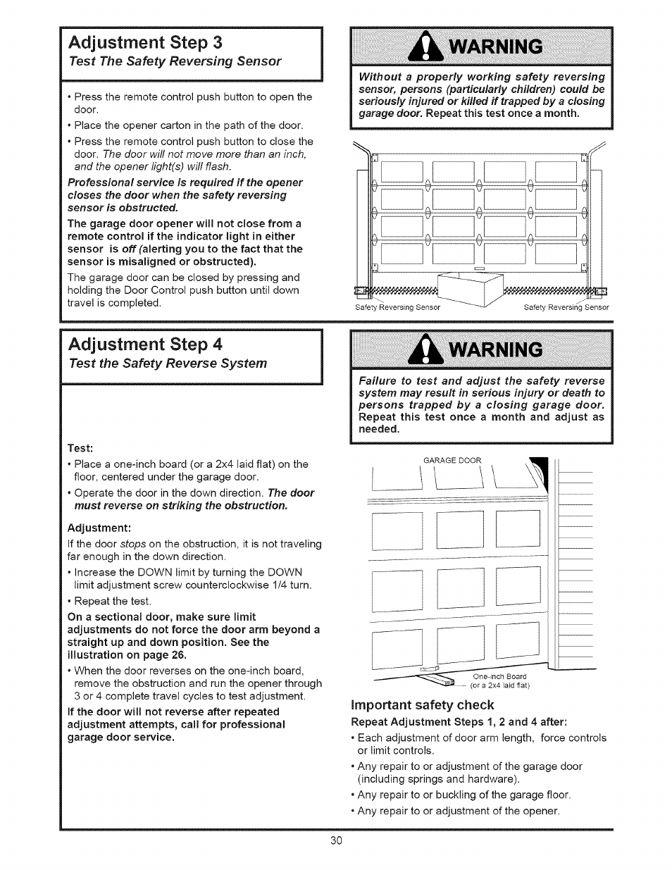 Test, Adjustment, Warning | Important safety check, Adjustment step 4, Adjustment step 3 | Sears 139.53535SRT1 User Manual | Page 30 / 40