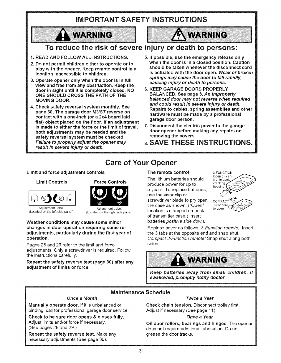 Important safety instructions, Warning, 8 save these instructions | Care of your opener, Maintenance schedule, Operation safety instructions, Care of, Your opener | Sears 139.53535SRT1 User Manual | Page 31 / 40