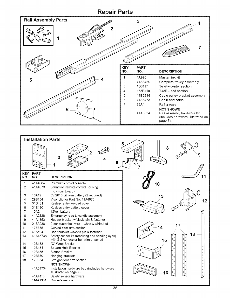 Installation parts, Repair parts | Sears 139.53535SRT1 User Manual | Page 36 / 40
