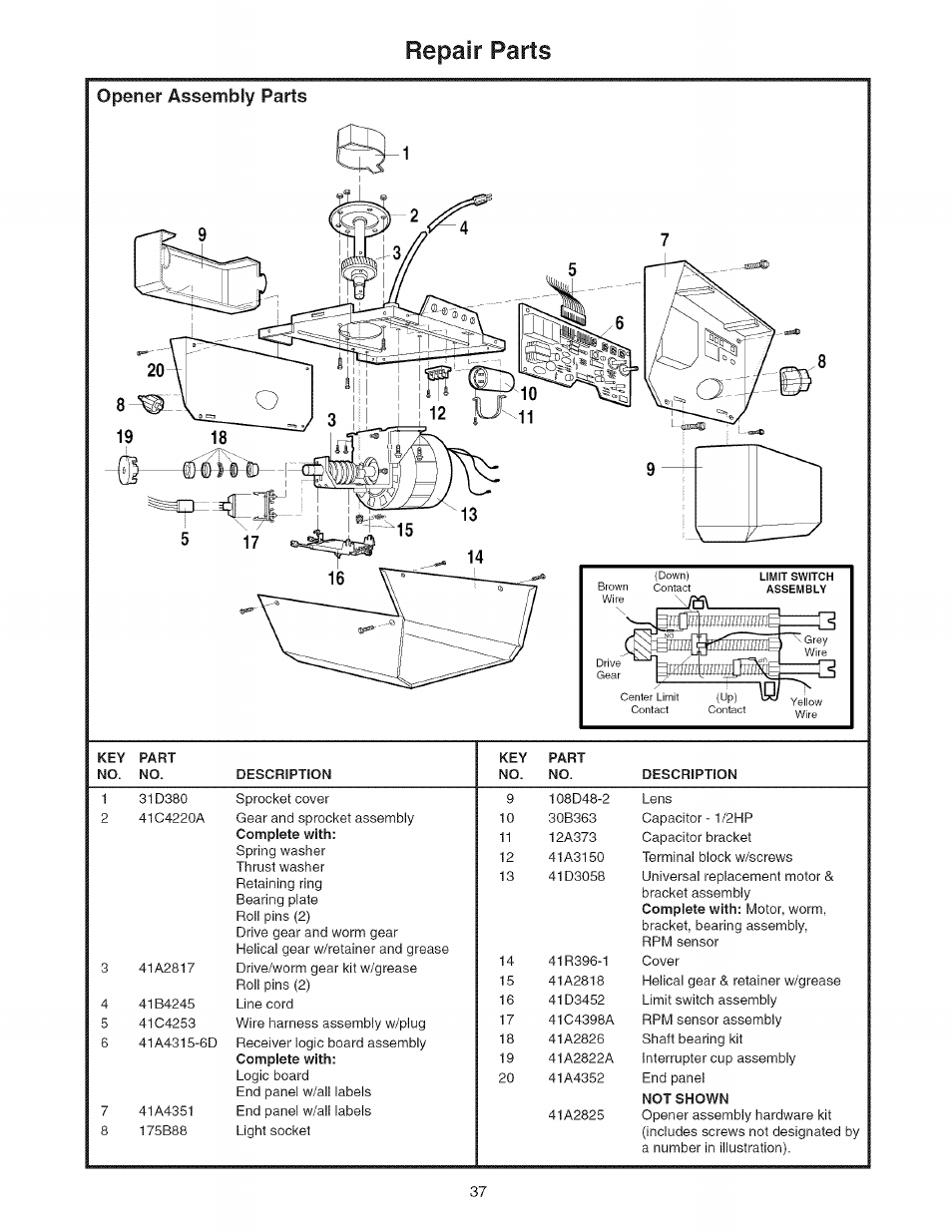 Repair parts, Opener assembly parts, Parts | Repair | Sears 139.53535SRT1 User Manual | Page 37 / 40