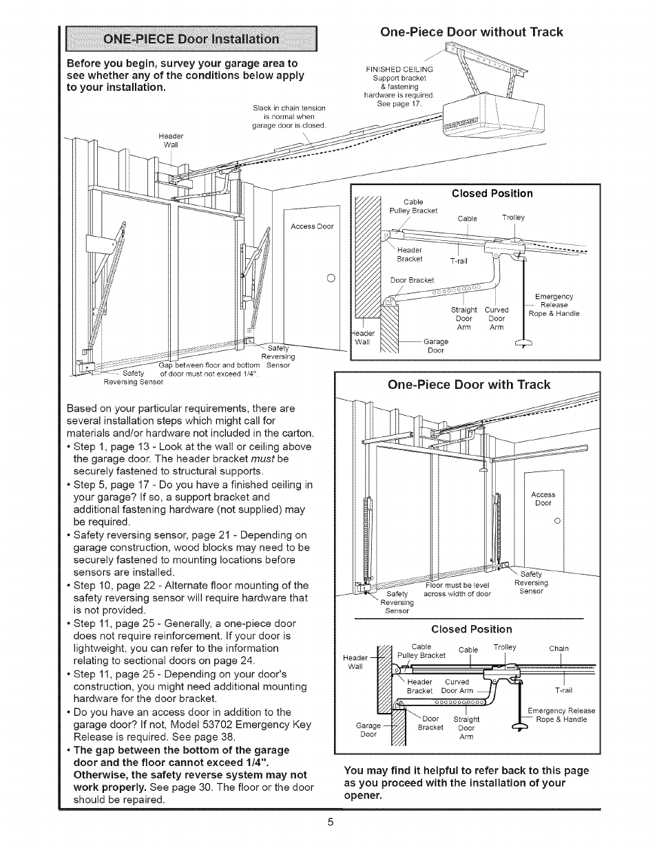 One-piece door without track, One-piece door with track, 0^l£■^p!ece^doòr1nstáhatîg | Sears 139.53535SRT1 User Manual | Page 5 / 40