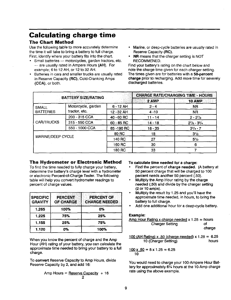 Calculating charge time, The chart method, The hydrometer or electronic method | To calculate time needed for a charge, Example | Sears 200.71212 User Manual | Page 10 / 12