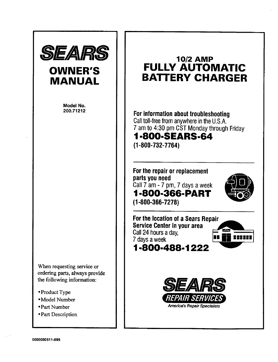 Owner's, Manual, Fully automatic battery charger | Owner's manual, 10/2 amp | Sears 200.71212 User Manual | Page 12 / 12