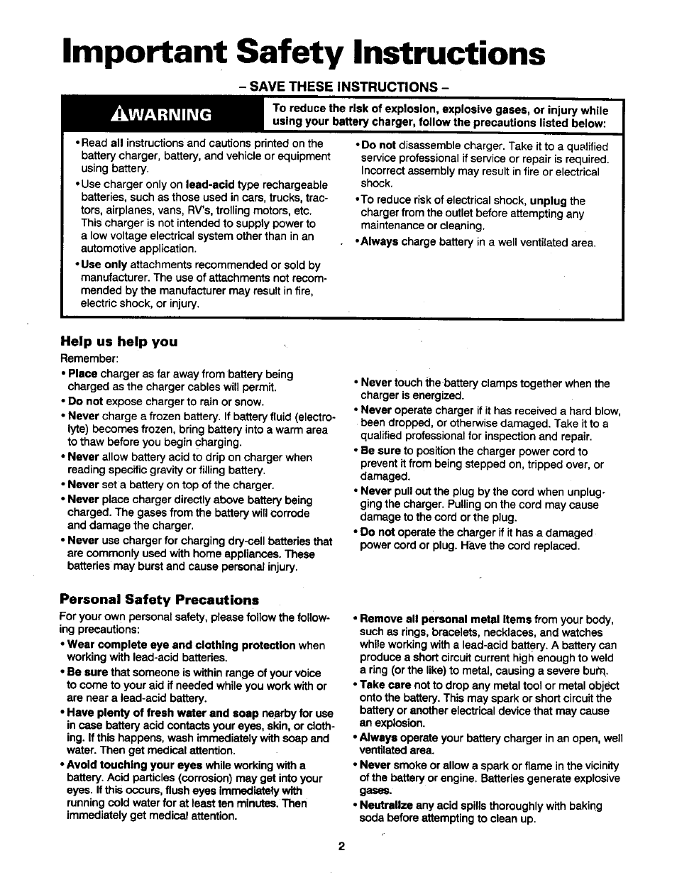 Save these instructions, Help us help you, Personal safety precautions | Important safety instructions, Wariniiinig | Sears 200.71212 User Manual | Page 3 / 12