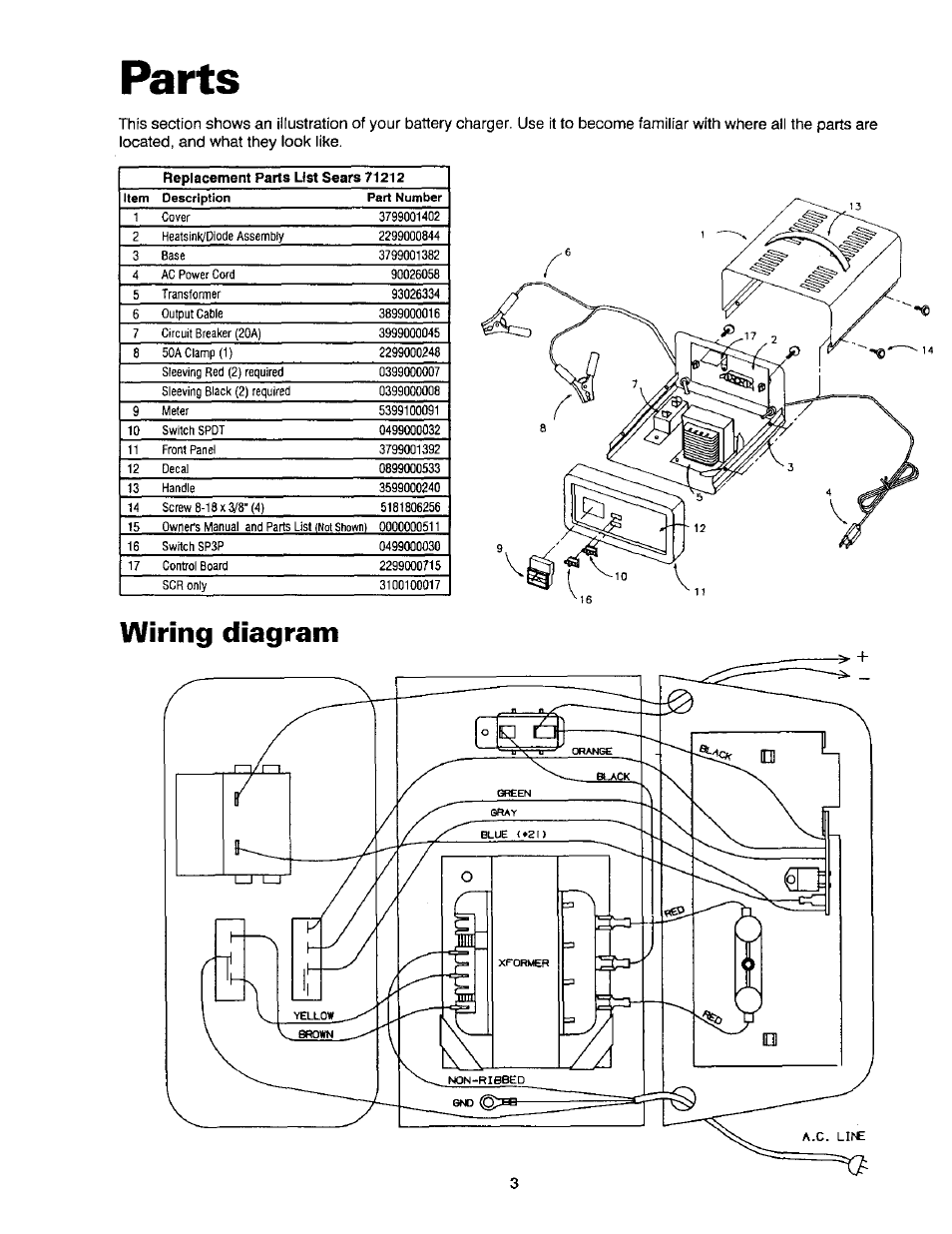 Wiring diagram, Parts | Sears 200.71212 User Manual | Page 4 / 12