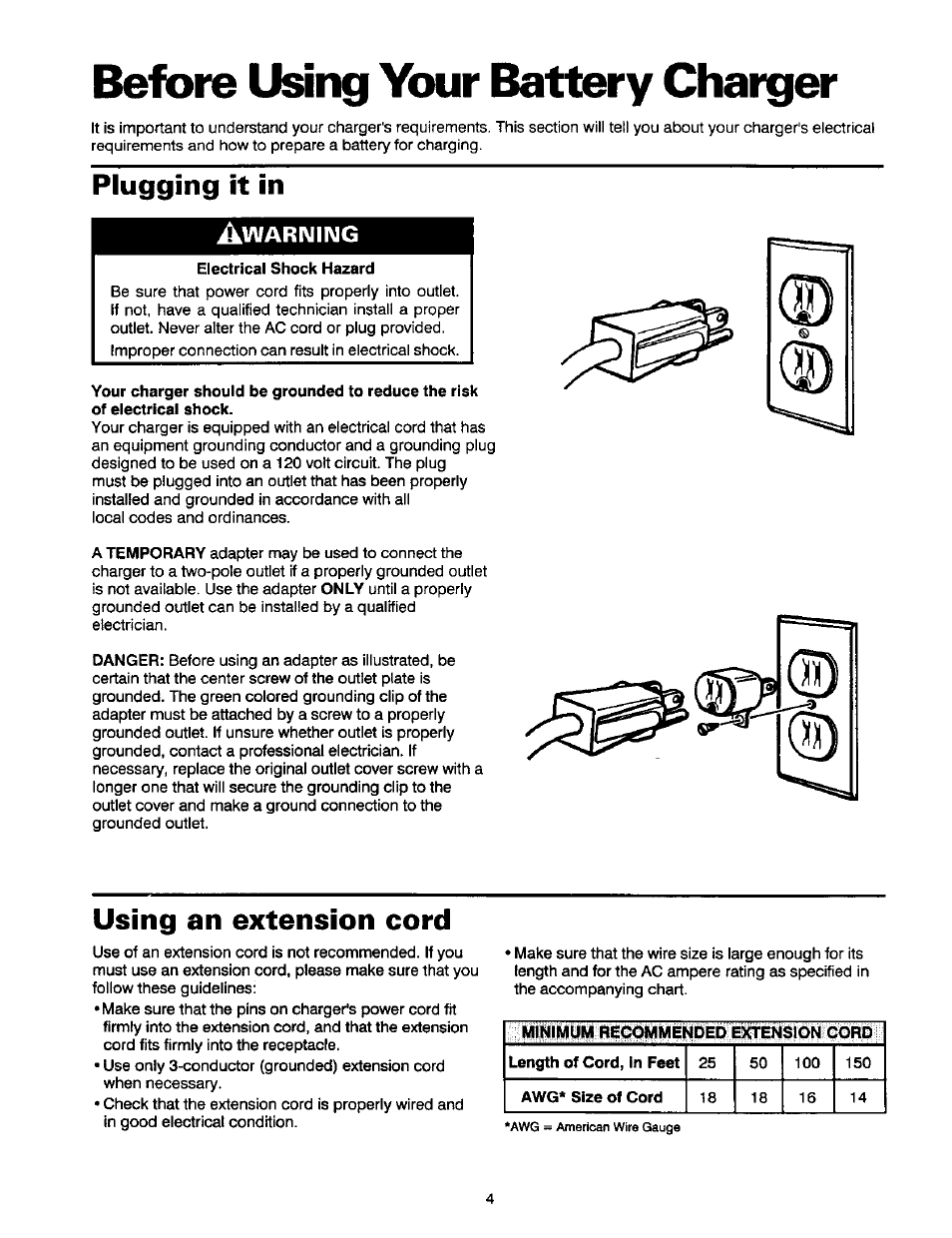 Plugging it in, Using an extension cord, Before using your battery charger | Warimiivig | Sears 200.71212 User Manual | Page 5 / 12