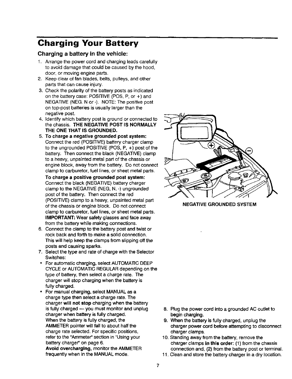 Charging your battery, To charge a negative grounded post system, Charging a battery in the vehicle | Sears 200.71212 User Manual | Page 8 / 12