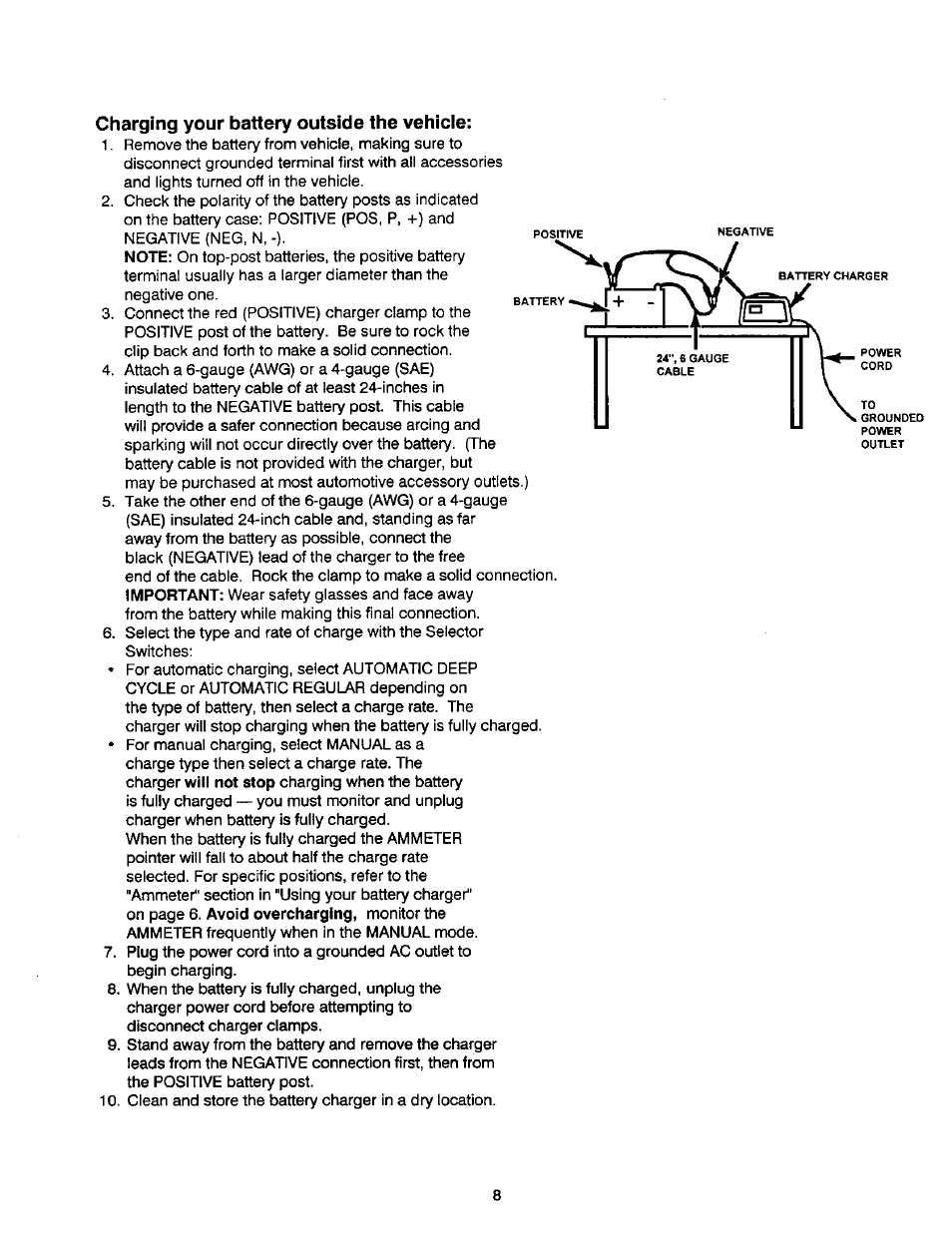 Charging your battery outside the vehicle | Sears 200.71212 User Manual | Page 9 / 12