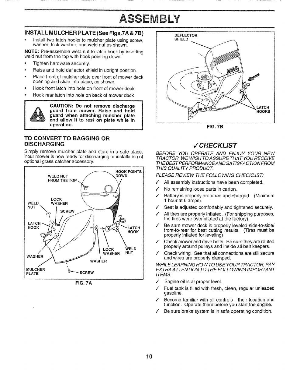 To convert to bagging or discharging, Assembly, Checklist | Sears 917.257651 User Manual | Page 10 / 28