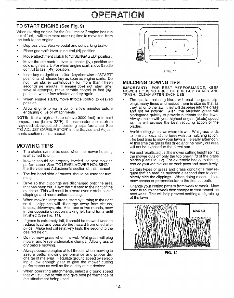 To start engine (see fig. 9), Operâtioim, Mowing tips | Sears 917.257651 User Manual | Page 14 / 28