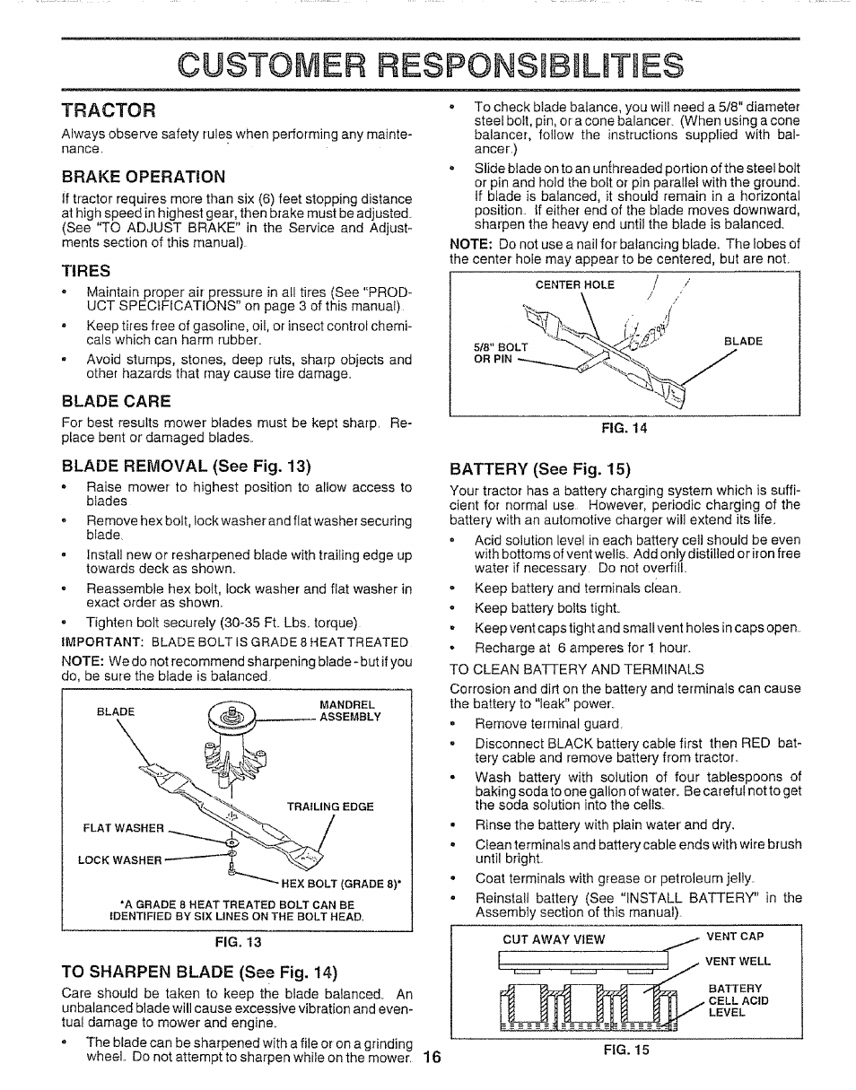Brake operation, Tires, Blade care | Blade removal (see fig. 13), To sharpen blade (see fig, 14), Battery (see fig. 15), Customer respowslbiuties, Tractor | Sears 917.257651 User Manual | Page 16 / 28