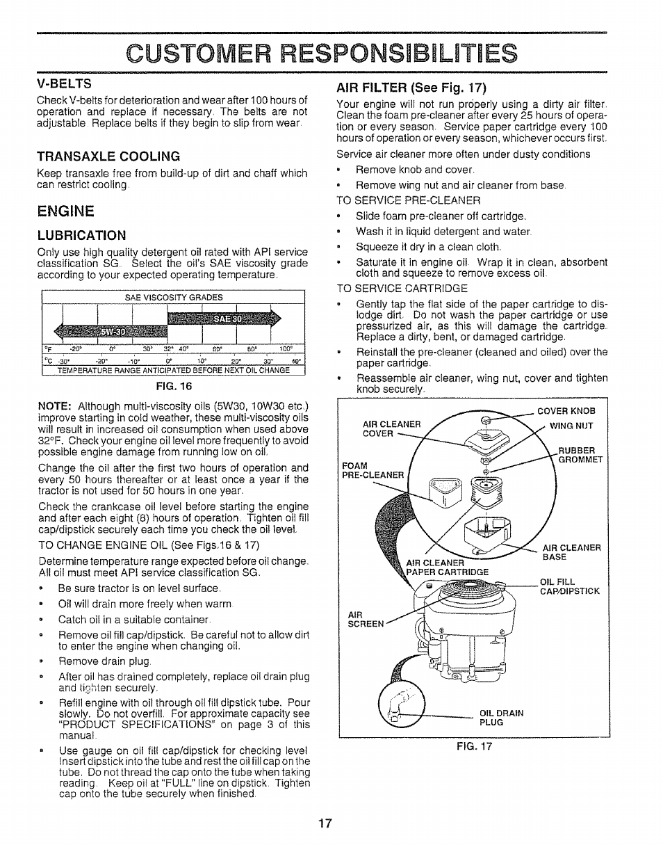 V-belts, Transaxle cooling, Lubrication | Air filter (see fig. 17), Customer responsibilities, Engine | Sears 917.257651 User Manual | Page 17 / 28