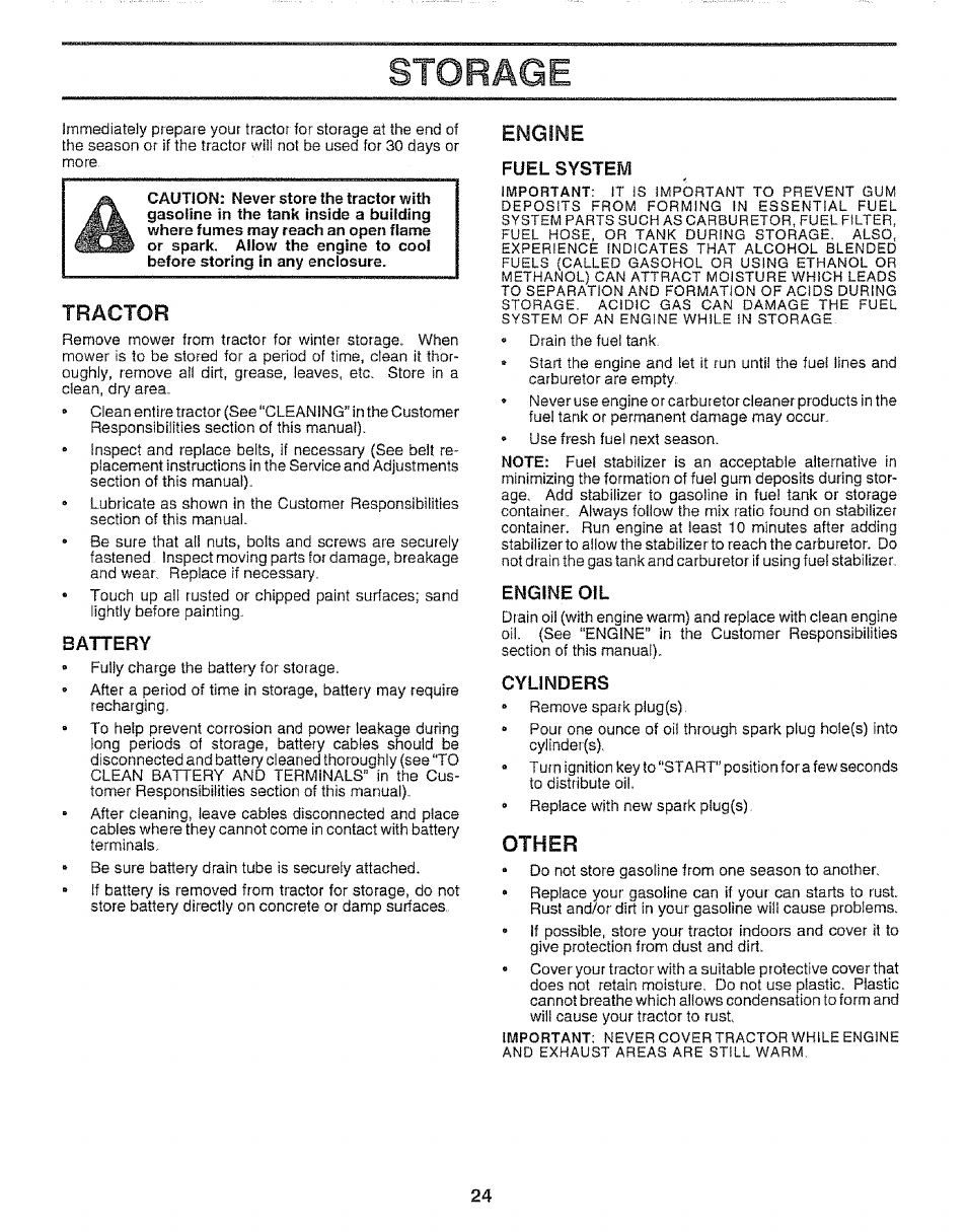 Storage, Battery, Engine | Fuel system, Engine oil, Cylinders, Tractor, Other | Sears 917.257651 User Manual | Page 24 / 28