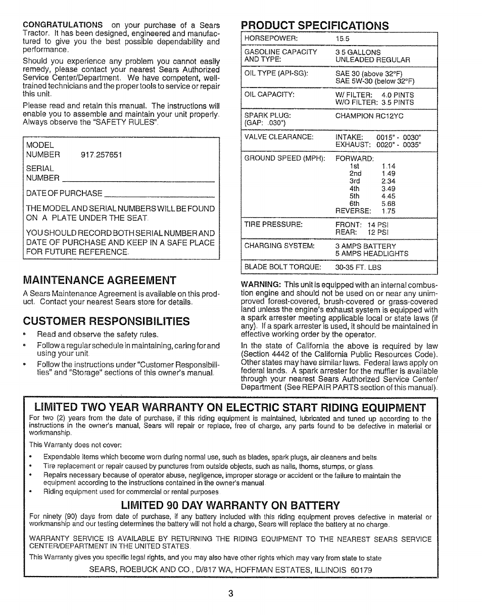 Product specifications, Maintenance agreement, Customer responsibilities | Limited 90 day warranty on battery | Sears 917.257651 User Manual | Page 3 / 28