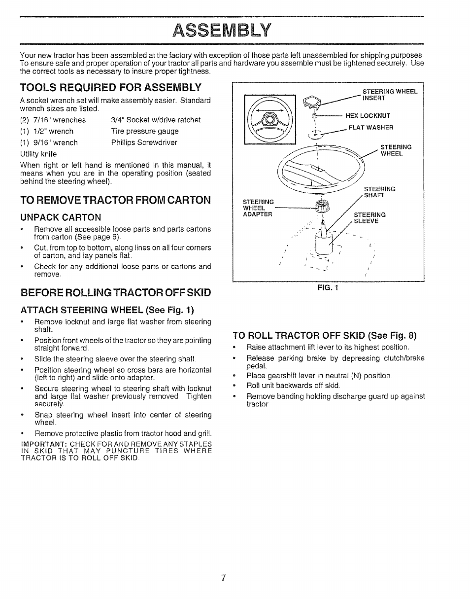 Assembly, Tools required for assembly, Before rolling tractor off skid | Sears 917.257651 User Manual | Page 7 / 28
