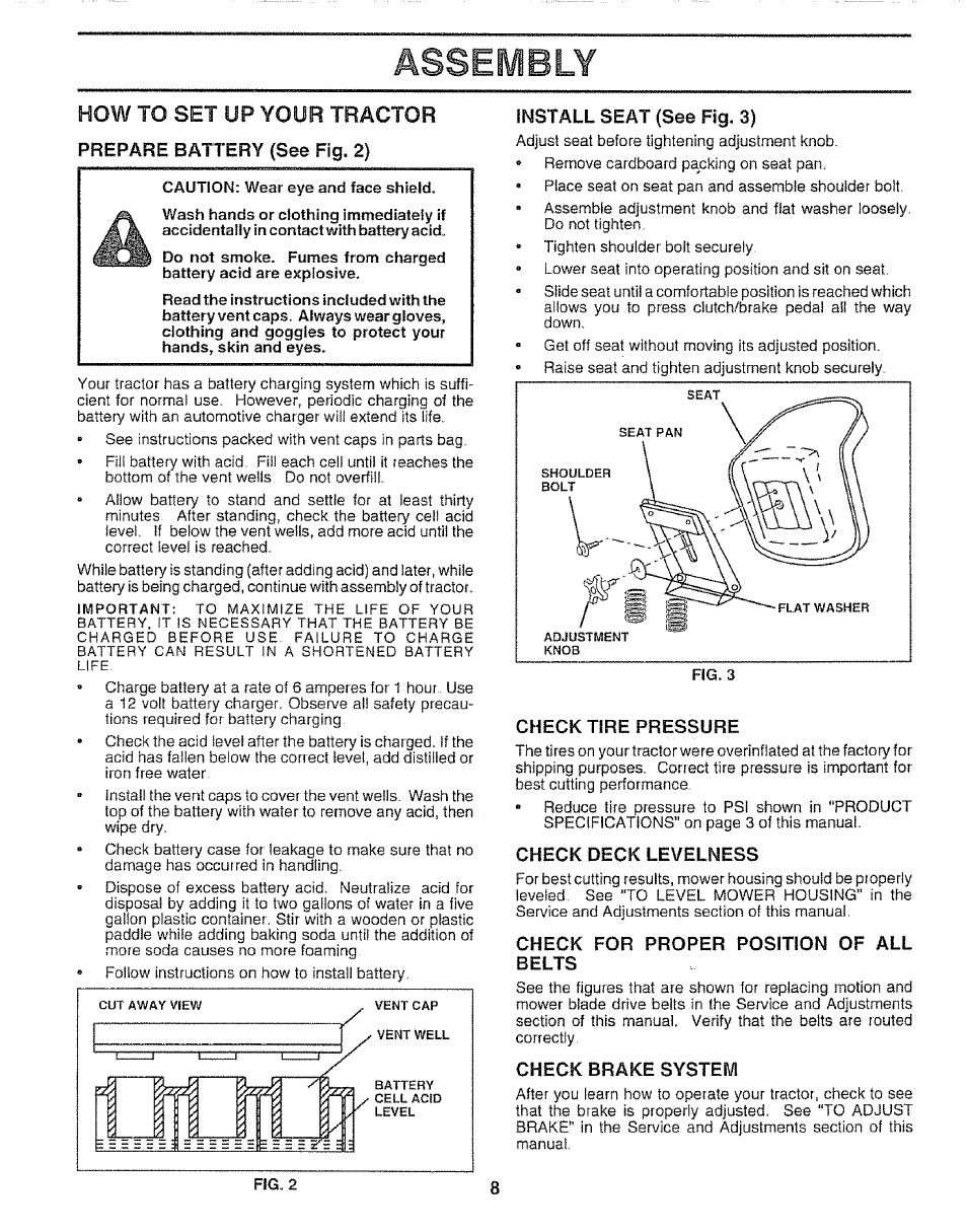 Prepare battery {see fig. 2), Install seat (see fig. 3), Check tire pressure | Check deck levelness, Check for proper position of all belts, Check brake system, Assembly, How to set up your tractor | Sears 917.257651 User Manual | Page 8 / 28
