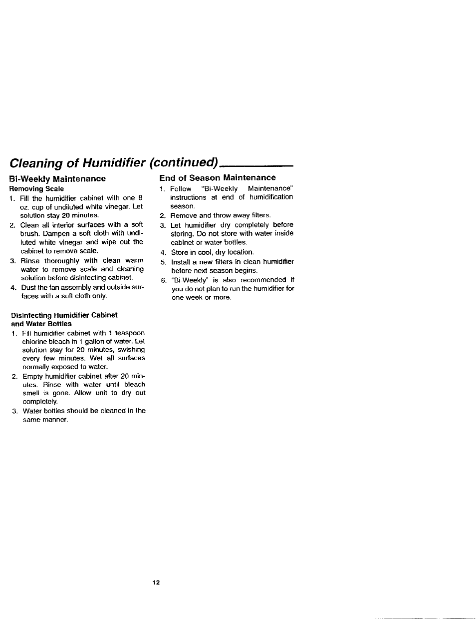 Cleaning of humidifier (continued), Bi-weekly maintenance, End of season maintenance | Disinfecting humidifier cabinet | Sears KENMORE 758.144151 User Manual | Page 12 / 16