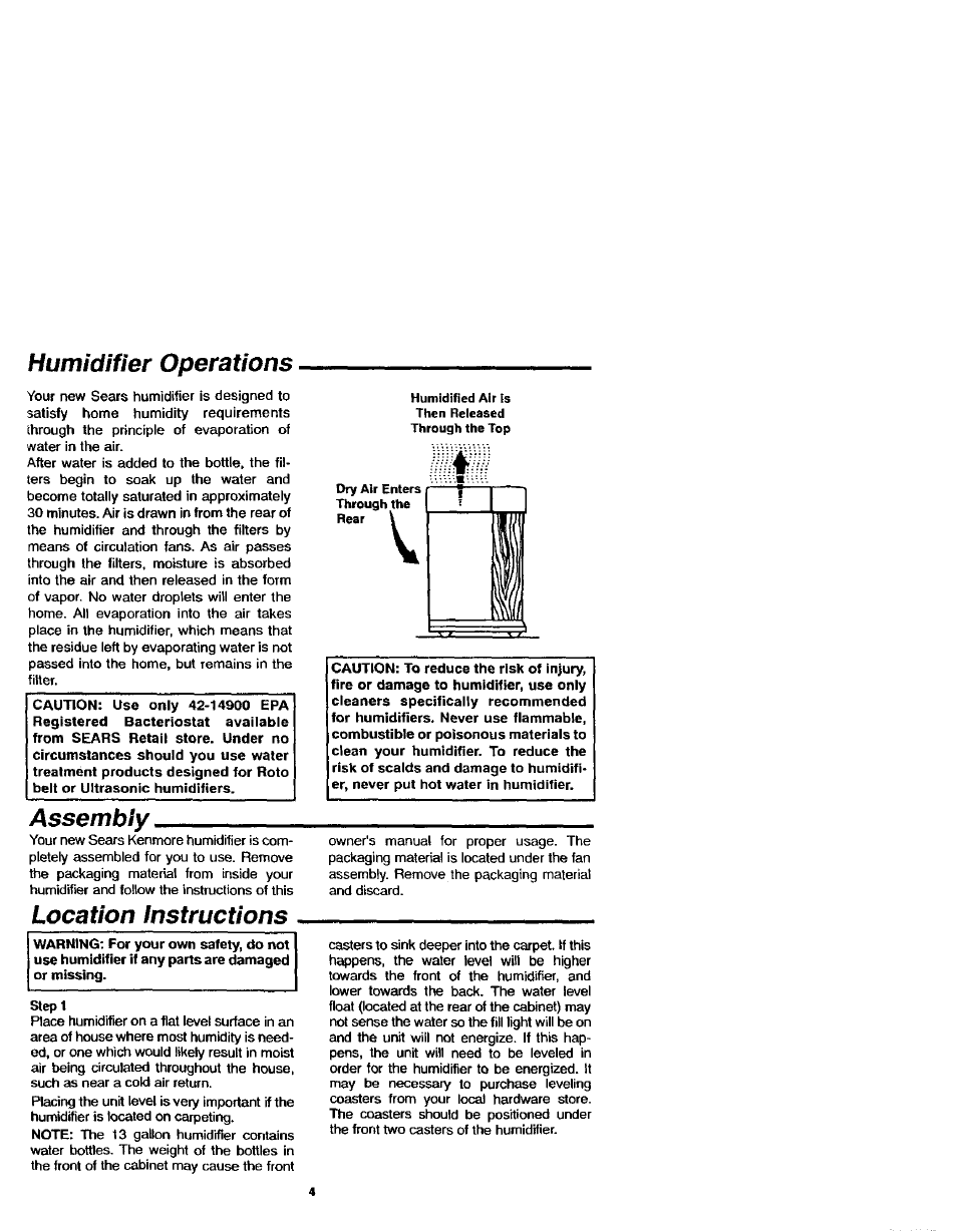 Humidifier operations, Assembly, Location instructions | Humidifier operations assembly, Location instructions -5 | Sears KENMORE 758.144151 User Manual | Page 4 / 16