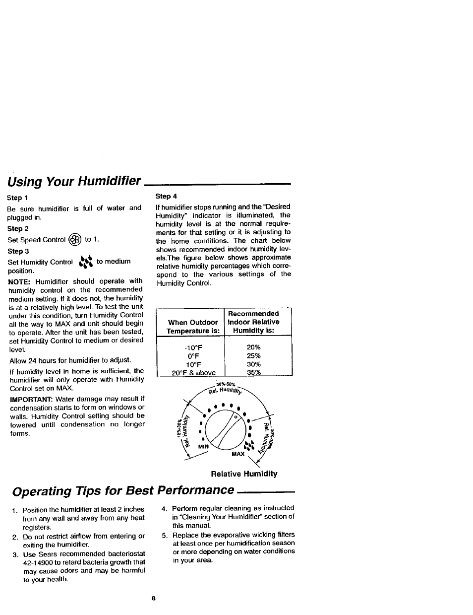 Using your humidifier, Relative humidity, Operating tips for best performance | Sears KENMORE 758.144151 User Manual | Page 8 / 16