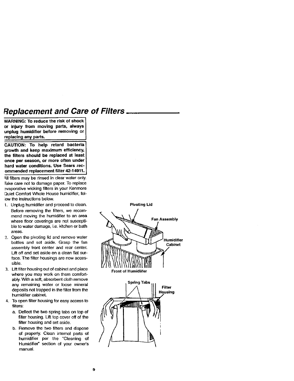 Replacement and care of filters, Replacement and care of riters -10 | Sears KENMORE 758.144151 User Manual | Page 9 / 16