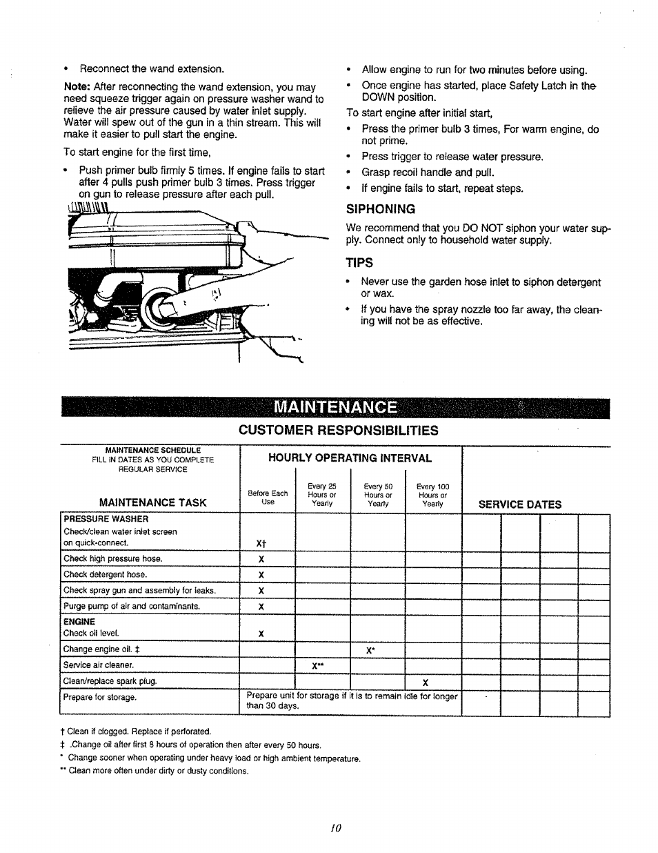 Siphoning, Tips, Maintenance | Customer responsibilities | Sears 580.761652 User Manual | Page 10 / 24