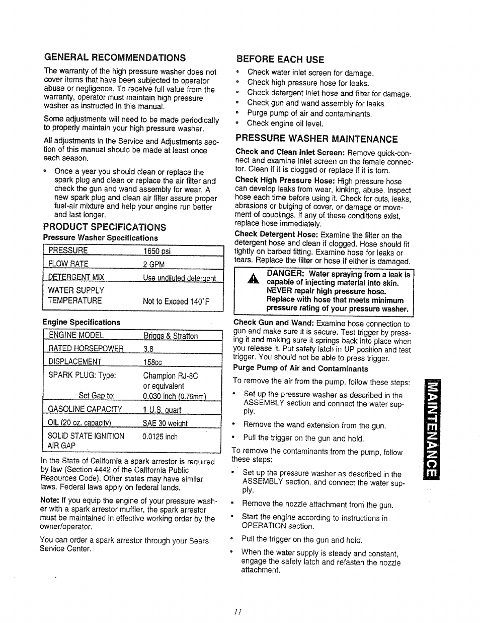 General recommendations, Before each use, Pressure washer maintenance | Sears 580.761652 User Manual | Page 11 / 24