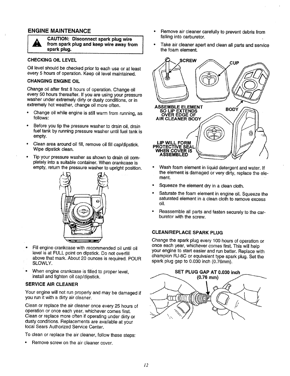 Engine maintenance | Sears 580.761652 User Manual | Page 12 / 24