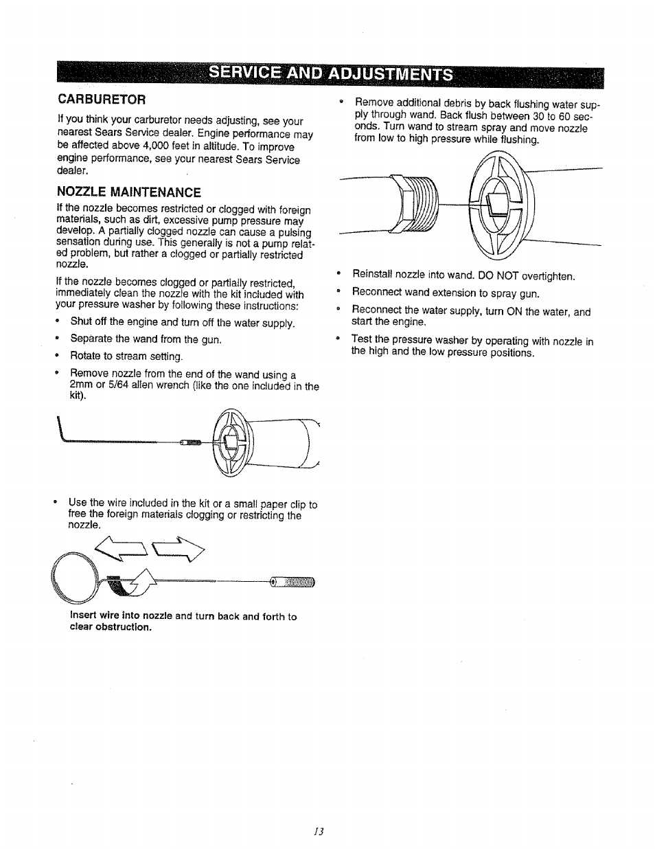 Service and adjustments, Carburetor, Nozzle maintenance | Sears 580.761652 User Manual | Page 13 / 24