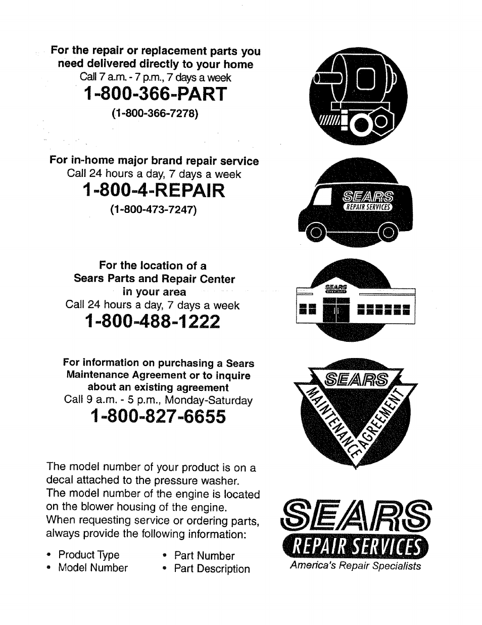 Repaiisemces, 800-4-repair | Sears 580.761652 User Manual | Page 24 / 24