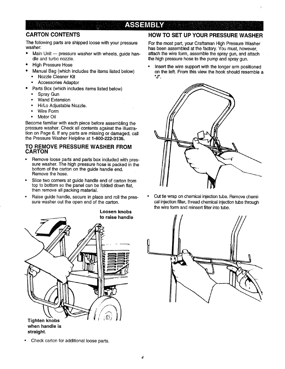 To remove pressure washer from carton, Assembly | Sears 580.761652 User Manual | Page 4 / 24