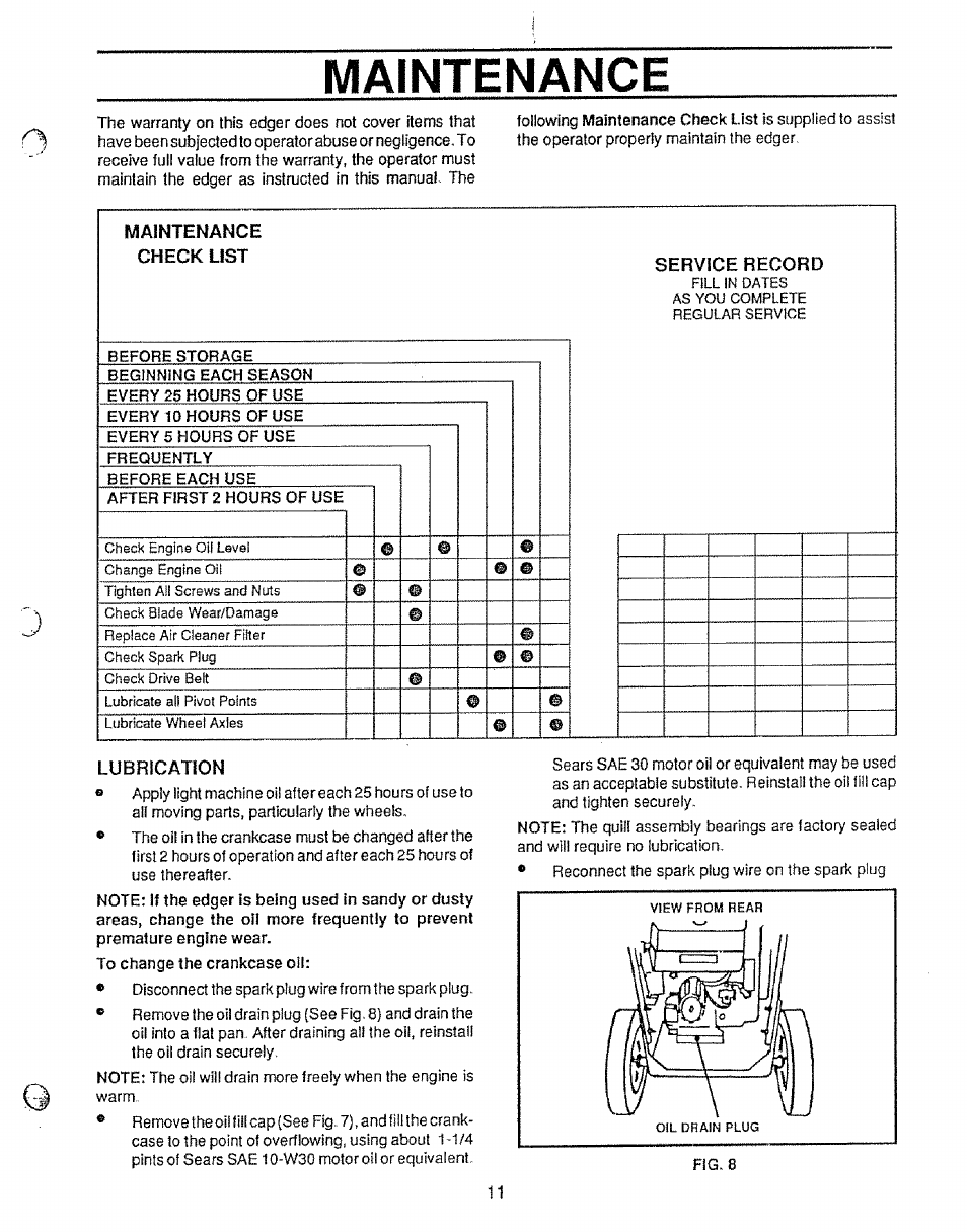 Maintenance, Maintenance check list | Sears 536.79751 User Manual | Page 11 / 24