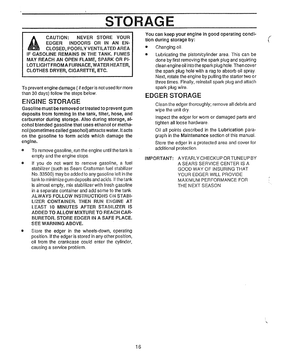 Storage, Engine storage, Edger storage | Sears 536.79751 User Manual | Page 16 / 24